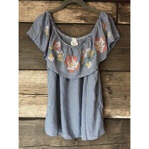 Blue Rain Francesca’s Women’s M Off Shoulder Blouse Floral Embroidery Striped